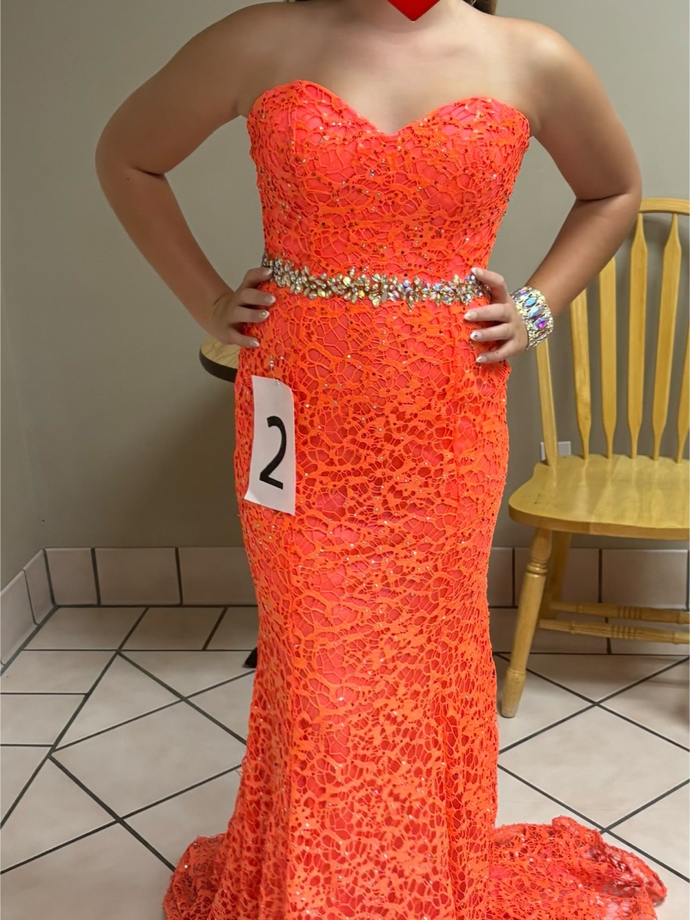 Jovani Strapless Neon Orange Lace Gown with Jeweled Waist
